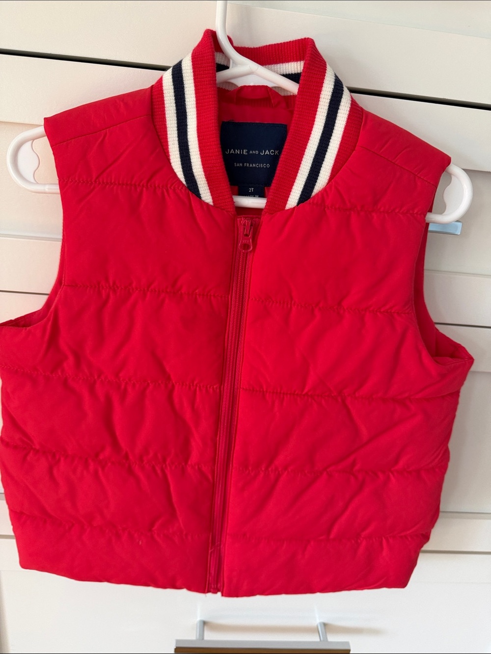 Janie and Jack Red Puffer Vest with Striped Ribbed Collar